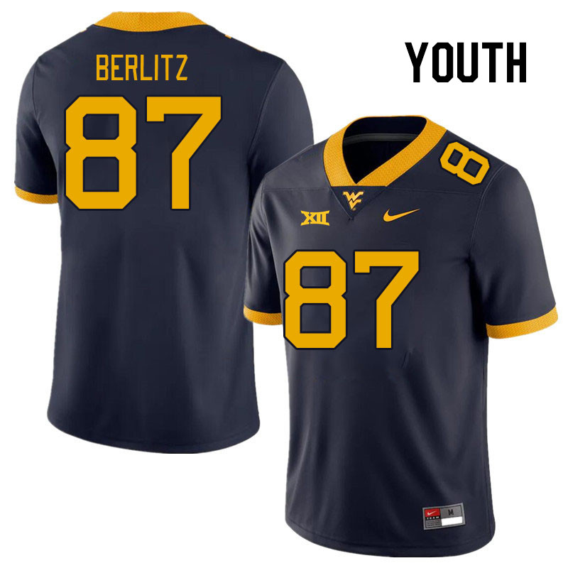 Youth #87 Derek Berlitz West Virginia Mountaineers College Football Jerseys Stitched Sale-Navy - Click Image to Close